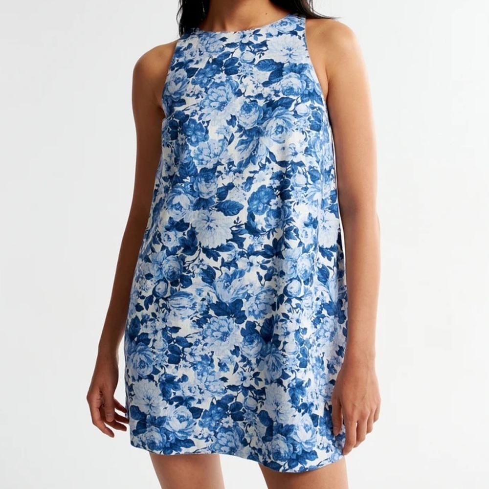 Abercrombie & Fitch High Neck Linen Blend Mini Dress Blue White Floral XXS